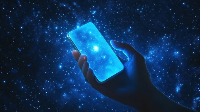 Hand holding glowing phone, cosmic galaxy displayed on screen.
