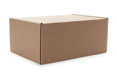 One closed cardboard box isolated on white. Mockup for design