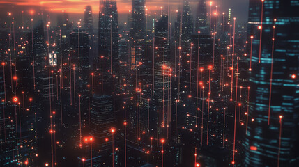 Obraz premium Smart digital Innovation city with connection network reciprocity over the twilight cityscape. of future smart wireless digital city and social media networking systems that connects people with city