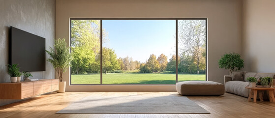 Bright and spacious living room with large windows showcasing a lush outdoor landscape