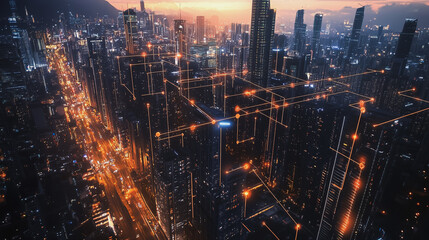 Fototapeta premium Smart digital Innovation city with connection network reciprocity over the twilight cityscape. of future smart wireless digital city and social media networking systems that connects people with city