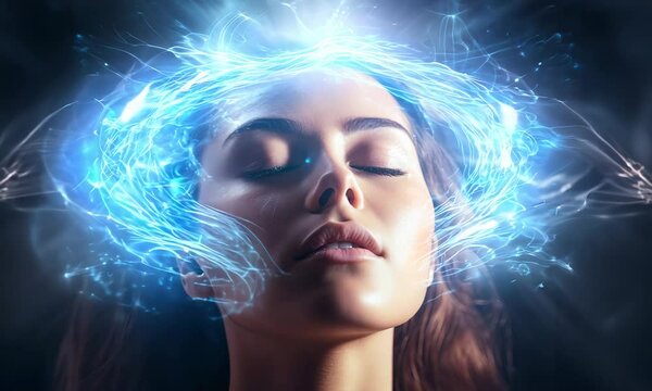 Beautiful woman doing energy therapy session with abstract blue energy power flowing around her head.	
