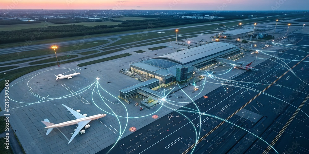 Poster secure airplane flight technology: aerial view of cyber security system