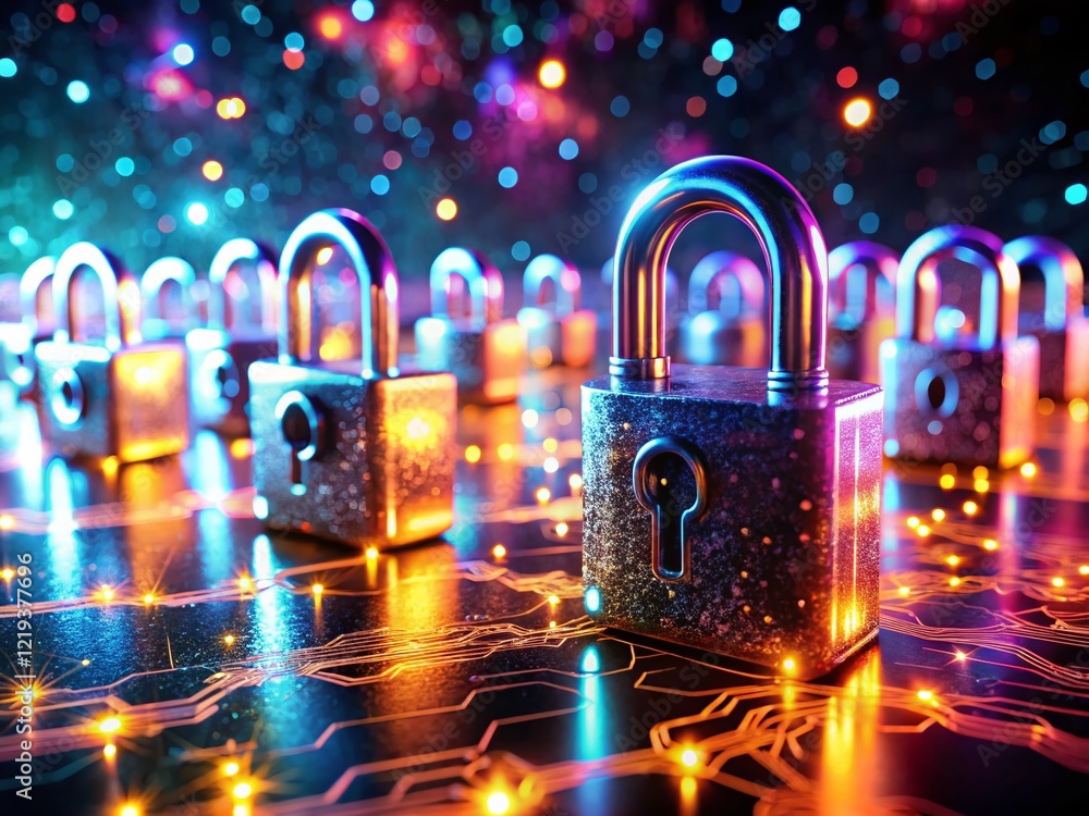 Poster secure data encryption: futuristic padlocks & generative ai, long exposure photography