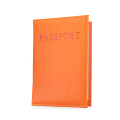 Passport in orange cover isolated on white, top view