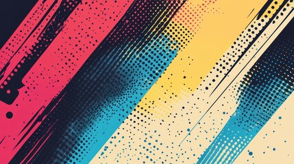 Abstract colorful diagonal stripes, halftone dots, grunge texture background.