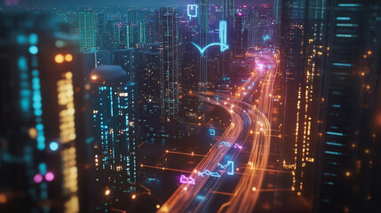 Smart digital Innovation city with connection network reciprocity over the twilight cityscape. of future smart wireless digital city and social media networking systems that connects people with city