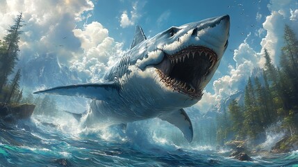 A prehistoric forest scene featuring a megalodon emerging from ancient oceans