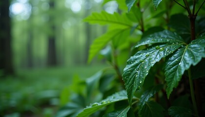 Dew-covered green leaves in a lush forest.