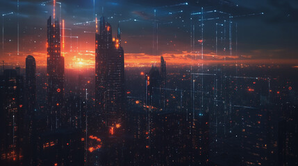 Obraz premium Smart digital Innovation city with connection network reciprocity over the twilight cityscape. of future smart wireless digital city and social media networking systems that connects people with city