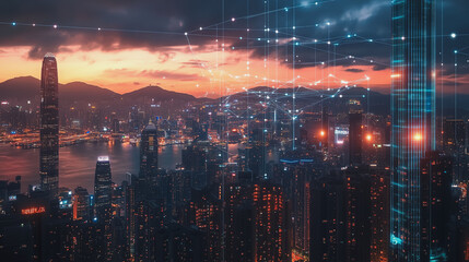 Fototapeta premium Smart digital Innovation city with connection network reciprocity over the twilight cityscape. of future smart wireless digital city and social media networking systems that connects people with city