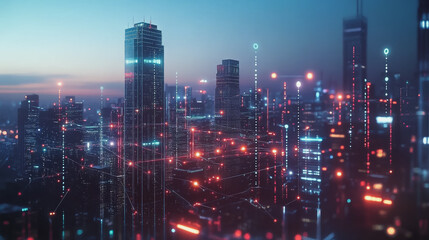 Smart digital Innovation city with connection network reciprocity over the twilight cityscape. of future smart wireless digital city and social media networking systems that connects people with city