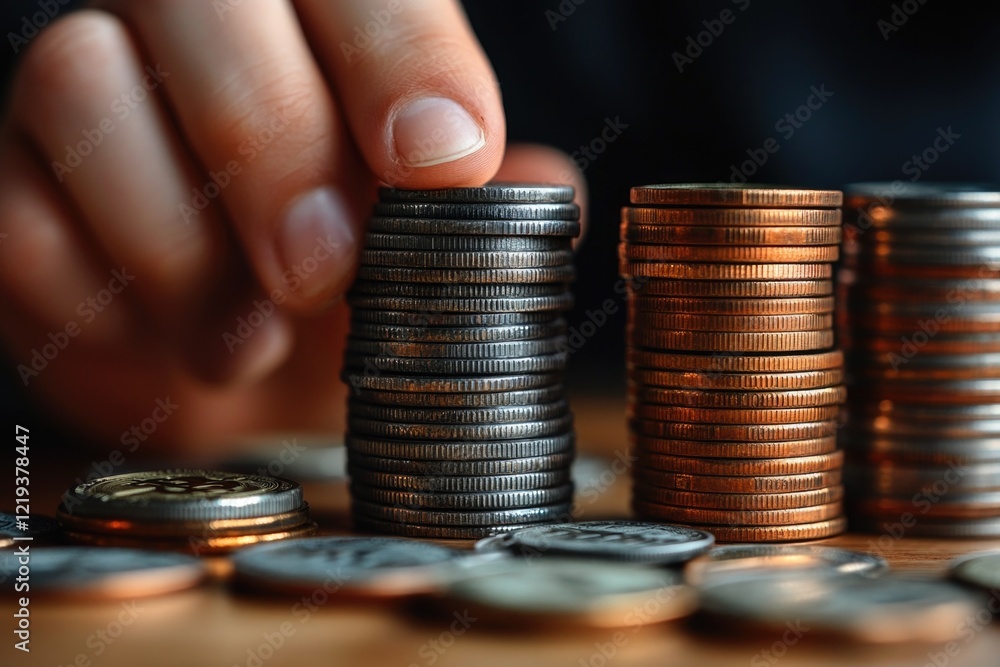 Poster a person places a coin on top of a stack of coins, a common action for saving or counting money