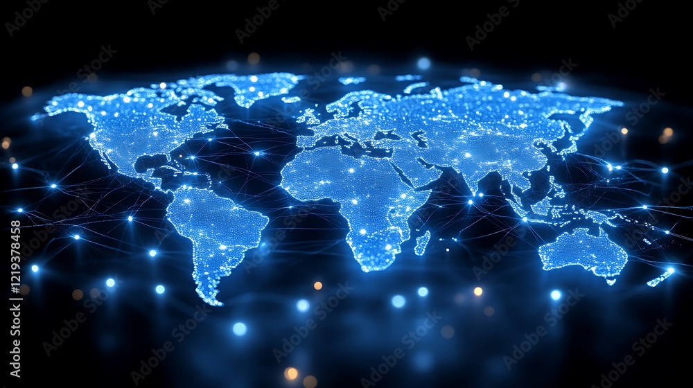 Poster global network illuminated world map showing connections