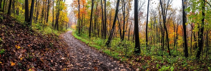 A serene trail winding through a vibrant autumn forest, showcasing colorful foliage and a peaceful atmosphere, perfect for nature lovers. forest background, wilderness