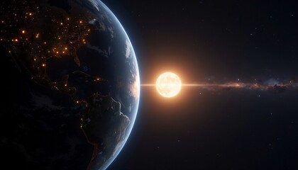 Fototapeta premium Earth and glowing sun aligned in a cosmic view from space.