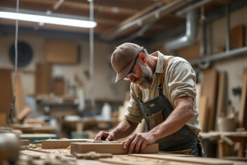 A portrait of a Caucasian carpenter working in a large woodworking shop