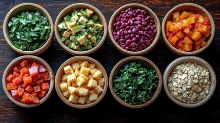 Healthy food bowls, kitchen table, overhead shot, meal prep