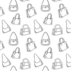Fototapeta premium Pattern of Women's bag drawing by hand. Vector seamless pattern handbag. Line sketch illustration. For fashion fabric, packaging, decoration, wallpaper.