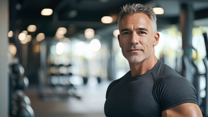 Obraz premium A middle-aged man with salt-and-pepper hair, dressed in workout gear, standing confidently in a gym setting, with fitness equipment visible in the background