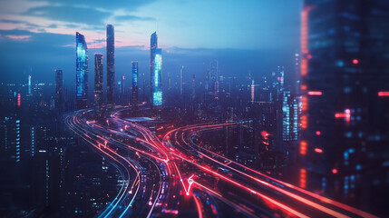 Fototapeta premium Smart digital Innovation city with connection network reciprocity over the twilight cityscape. of future smart wireless digital city and social media networking systems that connects people with city