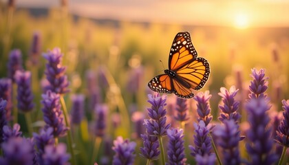 Obraz premium Monarch butterfly on lavender flowers at sunset in a meadow.