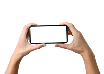 Man with modern smartphone on white background, closeup