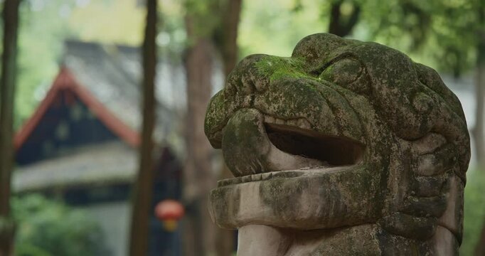 Chengdu, Sichuan, China. Head of Stone Guardian Lion at Wuhou Memorial Temple. Imperial Guardian Lions Are Traditional Chinese Architectural Ornament. Memorial Temple Of Marquis Wu