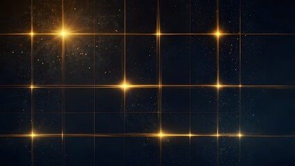 Obraz premium A dark blue grid image has intersecting golden lines, with glowing light at their cross points. 