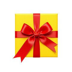 Yellow gift box with red silk ribbon bow on top view isolated on transparent background