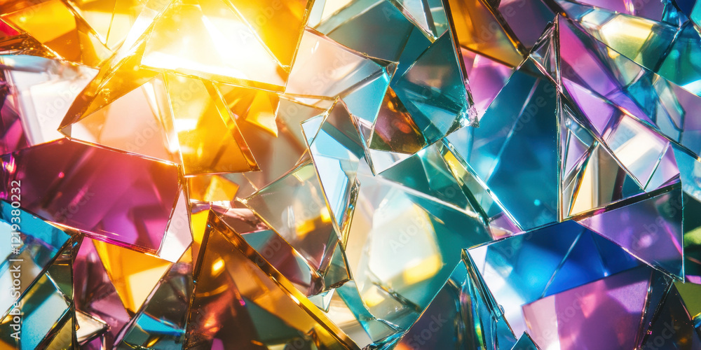 Poster a background of fragmented glass shards in various translucent colors, arranged in a kaleidoscopic p