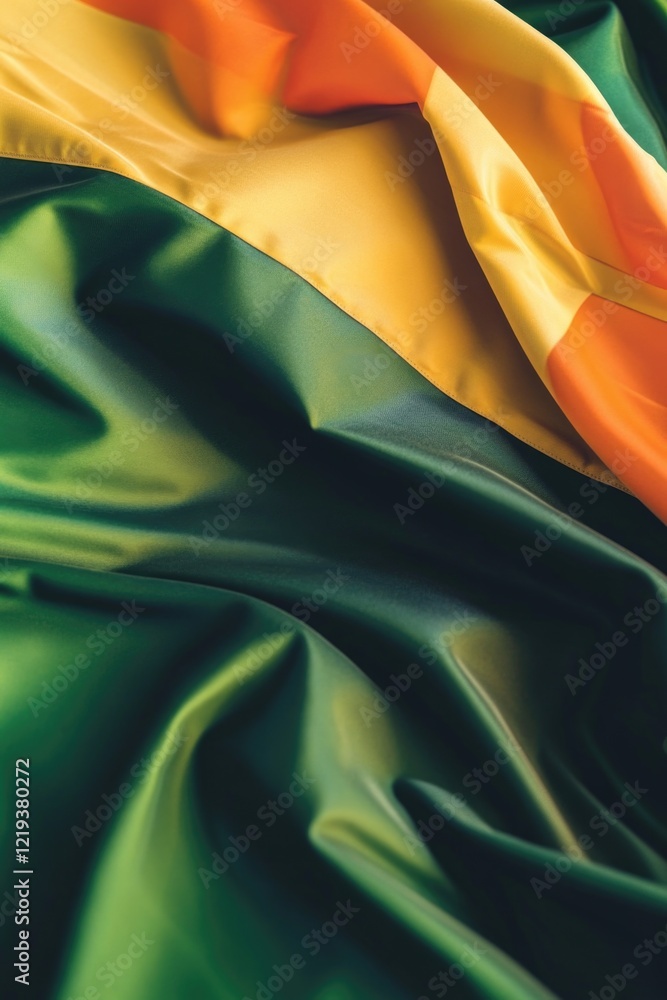 Poster a close-up view of a green and yellow cloth with intricate patterns and textures