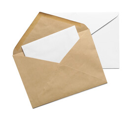 Envelopes with card isolated on white, top view. Mockup for design