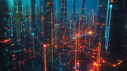 Fototapeta premium Smart digital Innovation city with connection network reciprocity over the twilight cityscape. of future smart wireless digital city and social media networking systems that connects people with city