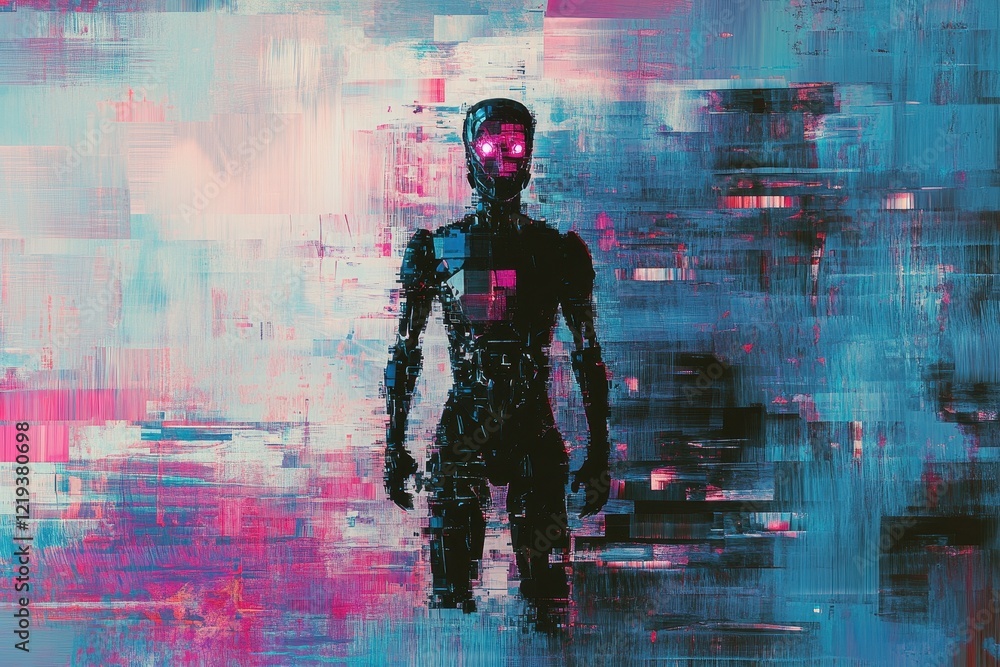Aufkleber humanoid ai robot on abstract digital background, cyborg or android, futuristic artificial intellige