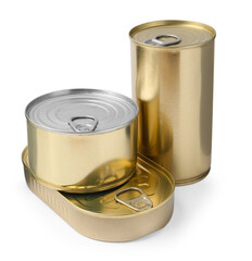 Many closed tin cans isolated on white