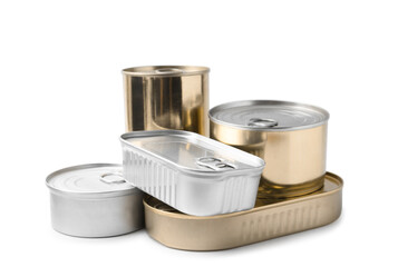 Many closed tin cans isolated on white