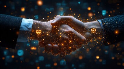 A professional handshake glowing in the center of a digital landscape with trust related icons like shields