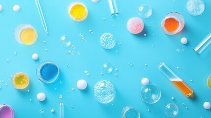 Various colorful laboratory glassware placed against a blue background with white bubbles, capturing a vibrant and creative chemistry theme