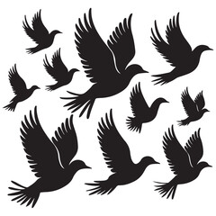 Flock of flying birds silhouette vector, Flying bird black silhouette vector set