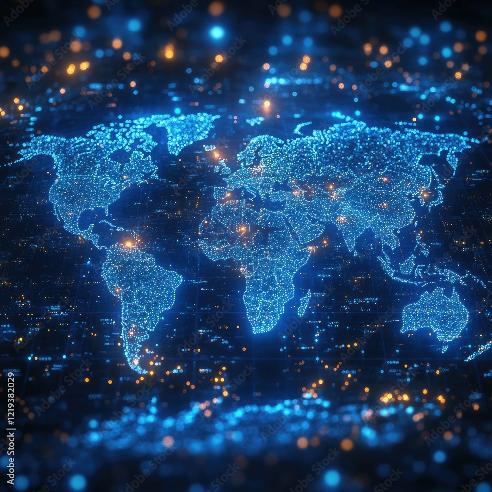 Poster a map of the world shown on a dark background, ideal for use in presentations or as a design element