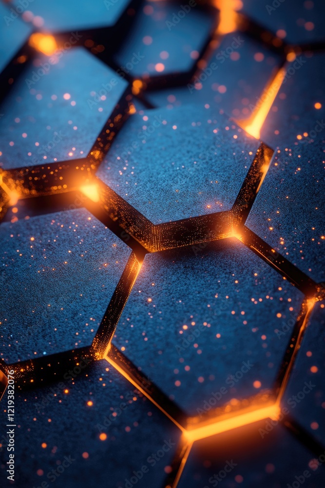Poster a close-up shot of a computer keyboard covered in glowing hexagons, suitable for use in technology-r