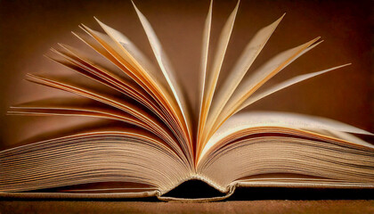 Open Book with Fanned Pages ,An open book with pages fanned out, viewed from the bottom edge, against a dark background.