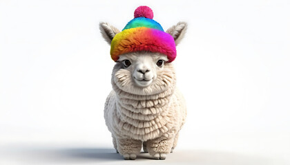 Fototapeta premium Adorable Alpaca in Rainbow Beanie Hat