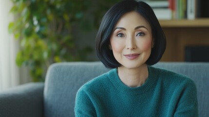A woman is sitting on a couch and smiling. She is wearing a green sweater and has her hair pulled back