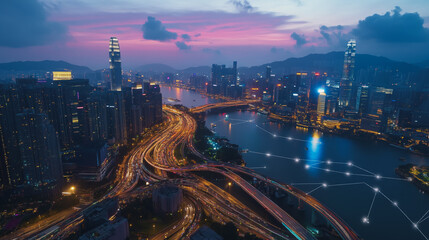 Fototapeta premium Smart digital Innovation city with connection network reciprocity over the twilight cityscape. of future smart wireless digital city and social media networking systems that connects people with city