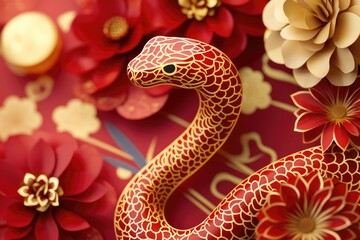 Fototapeta premium A decorative snake figurine surrounded by colorful paper flowers, perfect for a whimsical home decor or gift