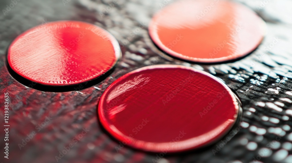 Poster a detailed view of three small red buttons arranged on a surface