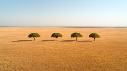 Endless golden landscape features four distinct trees casting lo