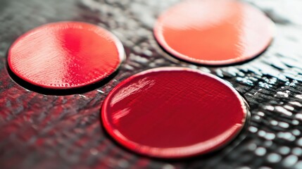 A detailed view of three small red buttons arranged on a surface